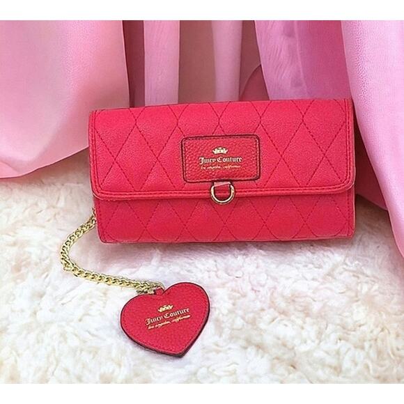 Y2K Juicy Couture Quilted Leather Long Wallet chain Heart Charm Barbiecore VNTG - Picture 3 of 16